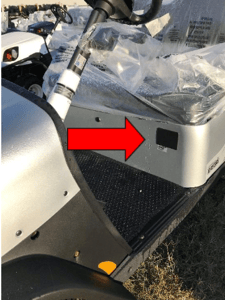 Recalled specialized vehicle with red arrow marking the serial number’s location